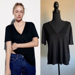Zara Black V Neck Shirt Slightly Sheer NWT
